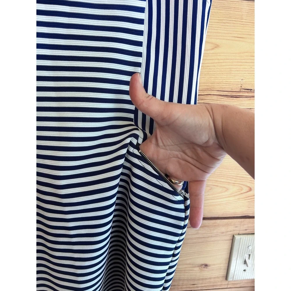 Monteau Los Angeles Navy Blue White Striped Sleeveless Shift Dress Medium - Picture 3 of 8